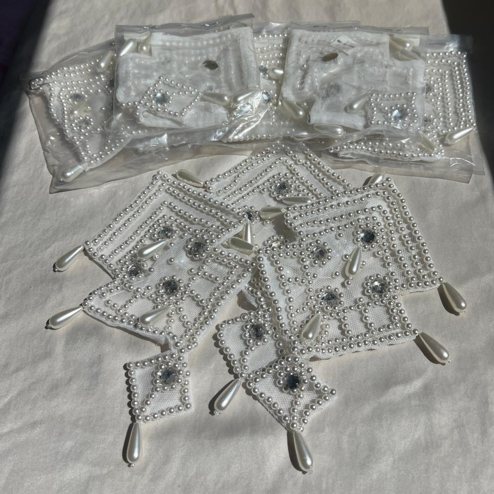 White Beaded Pearl Rhinestone Mesh Trim Applique 8pc Lot Regency Bridalcore Glam